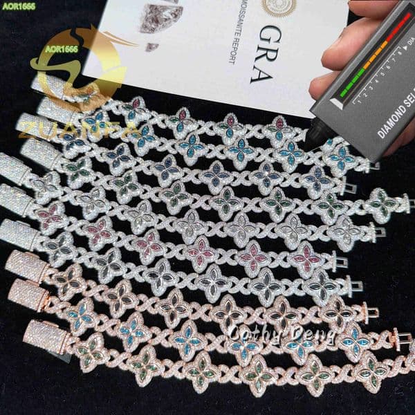 Hip Hop Jewelry Iced Out Men Cuban Bracelet 925Silver Moissanite Bracelet Men Pass Diamond Tester Flower Cuban Link 11color