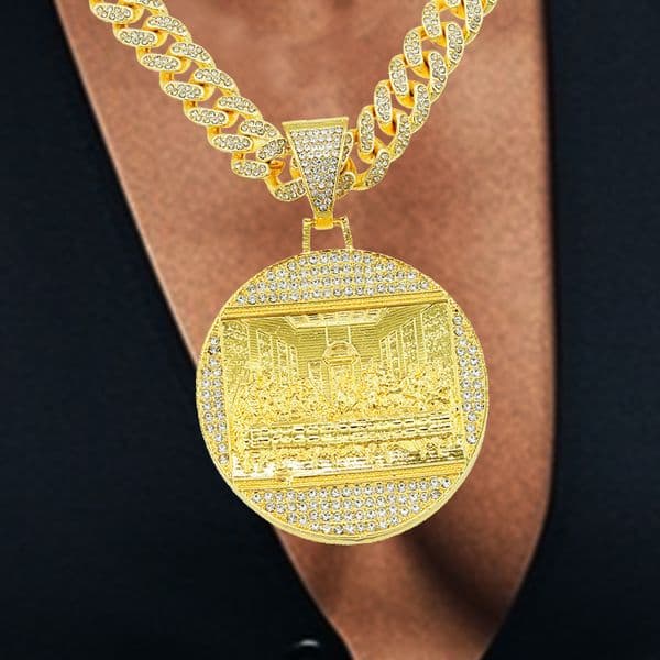 New In Bling Rapper Lasp Supper Club Round Pendant Necklace Party Rhinestone Trap Iced Out 18k Gold Plated Diamond Thick Hip Hop Large Grunge Crystal Cuban Chain