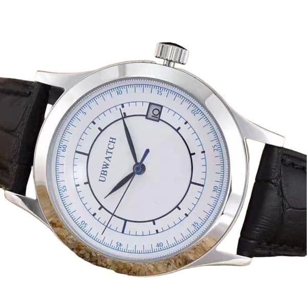 38MM Automatic Mechanical Mens Watches P1 Glass Back Hardlex Ultrathin Wristwatches Silver White Case Simple Generous Man Watch