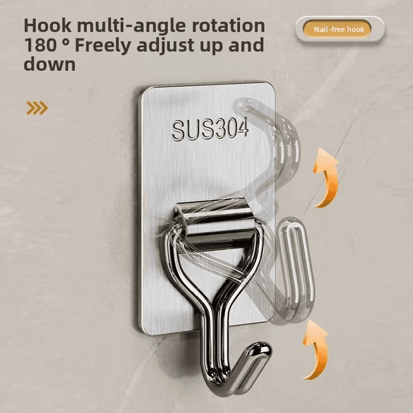 Single No-Drill 304 Metal Hook for Bathroom & Kitchen Adhesive Door Back & Clothes Storage Hook