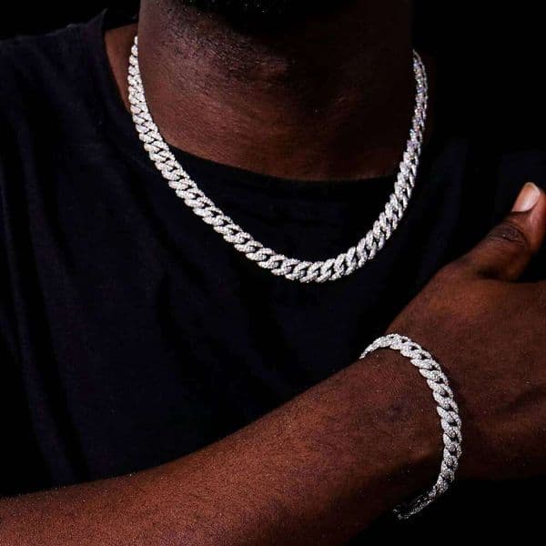 White Gold Moissanite 'Ice Out' Collection Necklace with Cuban Chain Hop Miami Style