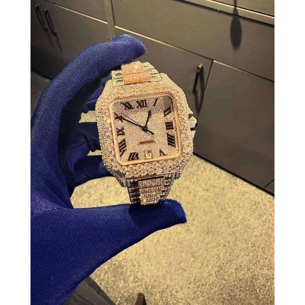 Men's Iced out Watch with Moissanite round Brilliant Dia Stainless Steel Case Swiss Mechanical Movement Box Packing