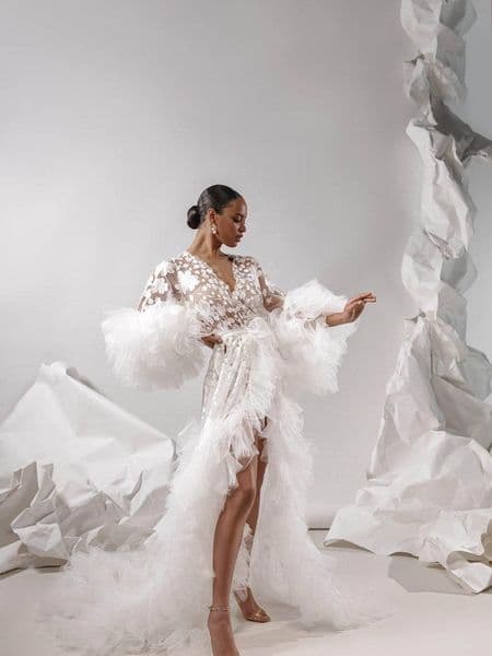 Sexy Modern Tailored Tulle Robe Perspective Sheer Appliques Flowers Tulle V-Neck Belt See Through Dresses Gowns Fluffy Maternity Dress Photoshoot