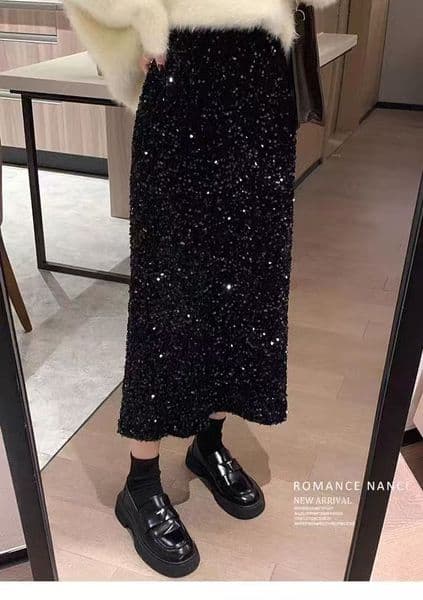 Autumn velvet sequin half body slimming skirt