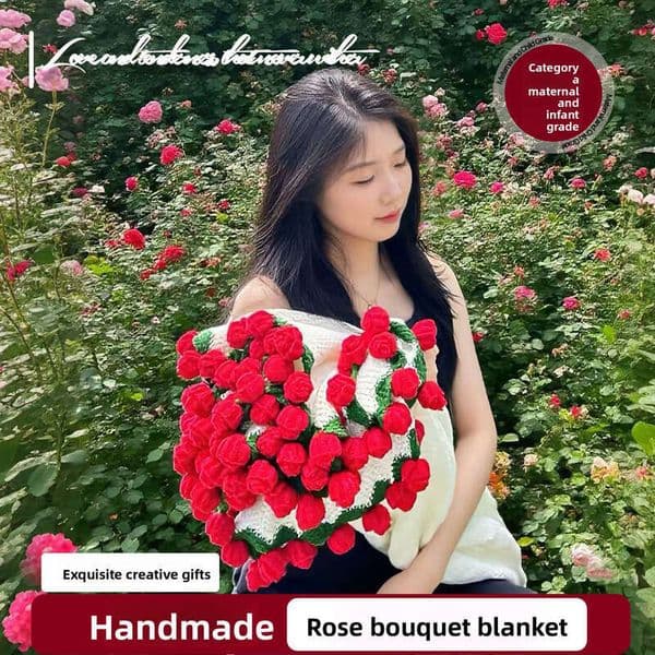 Knitted Flower Blanket Multipurpose Blanket Hand Woven Blanket Finished Hand Woven Rose Bouquet Flower Yarn Nap Blanket For Girlfriend Best