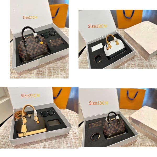 Designer dome-shaped handbag, containing a wallet and sunglasses. A set of fashionable accessories. Ladies' design bag.