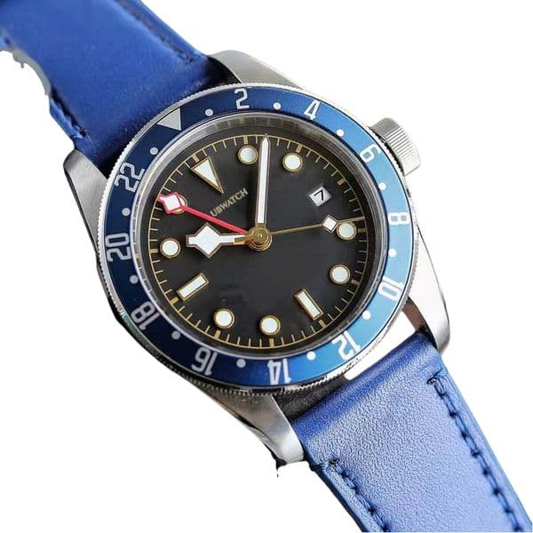 40MM T1 Automatic Mechanical Hardlex Glass Mens Watches Blue Bezel Leather Strap Man Wristwatches