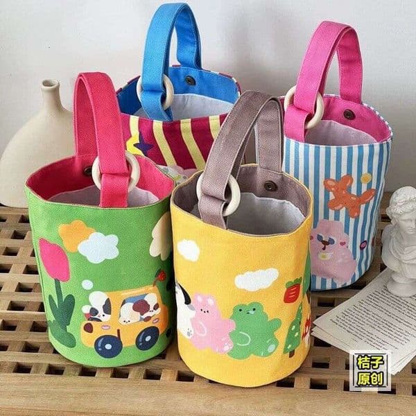 Design INS Cute Cartoon Illustration Handheld Wooden Ring Canvas Bucket Color-Block Student Lunch Box Bag