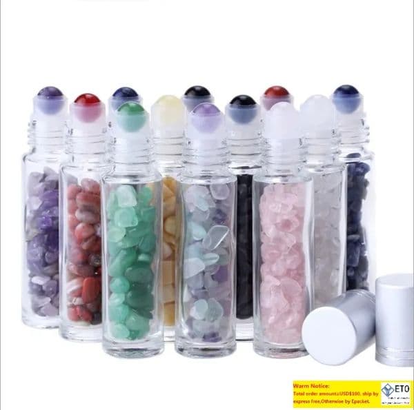 Wholesale Essential Oil Diffuser 10ml Clear Glass Roll On Perfume Bottles With Crushed Natural Crystal Quartz Stone Crystal Roller Ball Silver Cut Lin LL