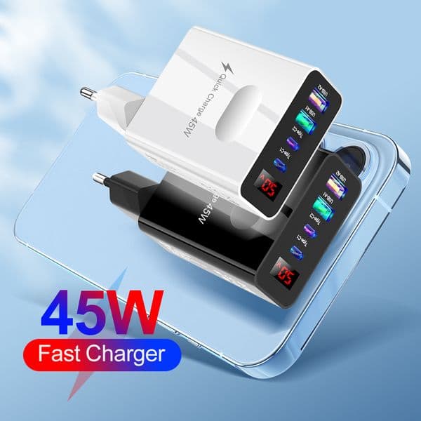 45W EU/US/UK Plug PD Charger Digital Display USB Type C Fast Charge Mobile Phone Power Adapter For iPhone Xiaomi Huawei Samsung