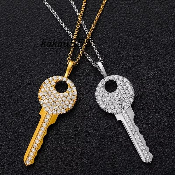 Top Quality Iced Out Moissanite Diamond Key Pendant Hip Hop Necklace for Man And Women in Gold Plated 925 Sterling Silver