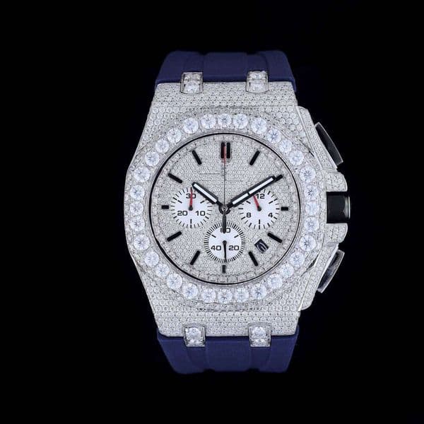 Men's Hip Hop Style Lab Grown Dia VVS Clarity Quartz Movement Leather Band Watch - Handmade Jewelry