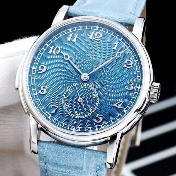 Custom Automatic Mechanical Watch Blue Textured Dial Leather Strap Chronograph