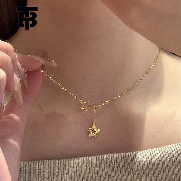 Free Shipping For New Designer Accessories Hollow Sparkling Star Tassel Necklace Ancient Craft Crushed Ice Hammer Pattern Five-pointed Star Collarbone Chain