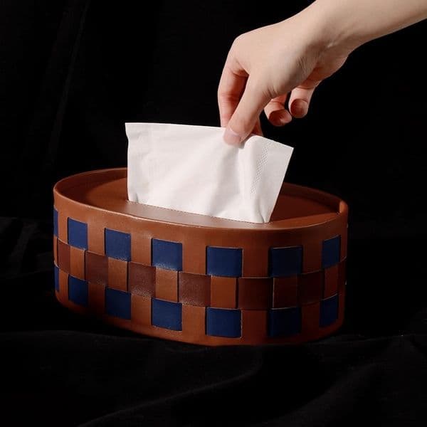 Desktop Oval Chessboard Leather Grid Home Storage Tissue Box