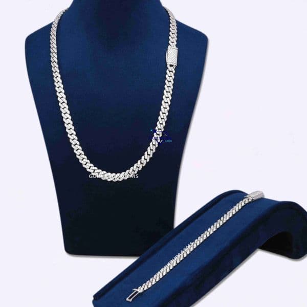 Mens Iced Out Hip Hop Moissanite Diamond 925 Sterling Silver Cuban Link Necklace Bracelet Trendy Jewelry Gift Set for