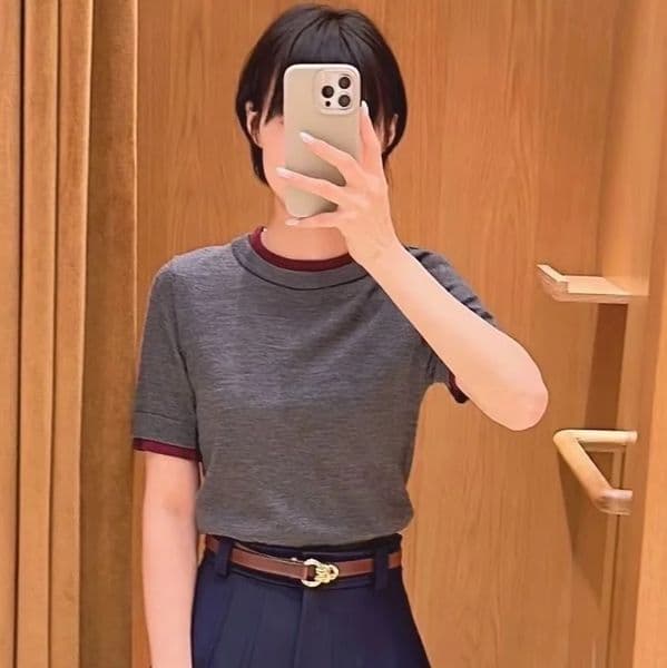 Women Contrast Color Round Neck Knit Sweater Short-Sleeved Lady Pullover 2025 Early Fall