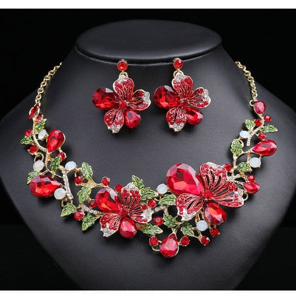 Luxury Brand Designer Jewelry European And American Foreign Trade Hot-Selling Exaggerated Luxury Necklace And Earrings Two-Piece Set Colorful Flowers Bridal Dre