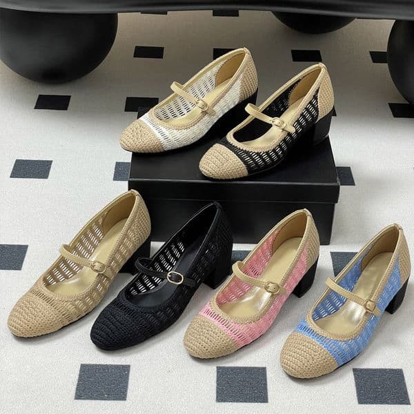 New Luxury Mary Jane Heels Women's pumps Shoes Designer Sandals Fashion Lafite grass weaving Dress shoes Chunky Heel Splicing Evening party shoes Ballet Flats 35-41