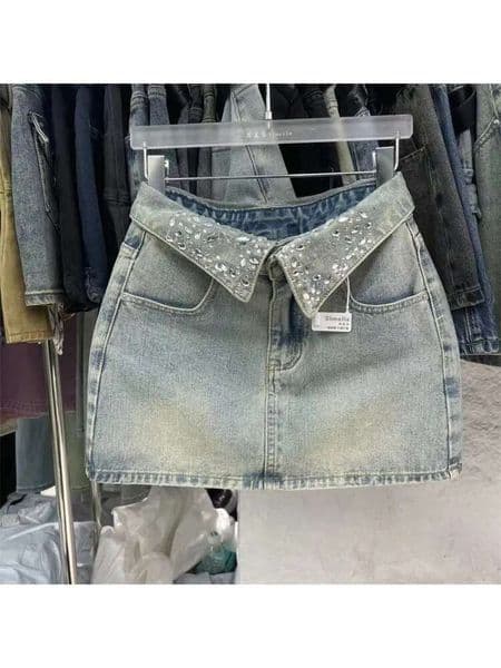 muily Cool collar designer women's short denim skirt 2025 summer new spicy girl high waist light blue denim skirt2