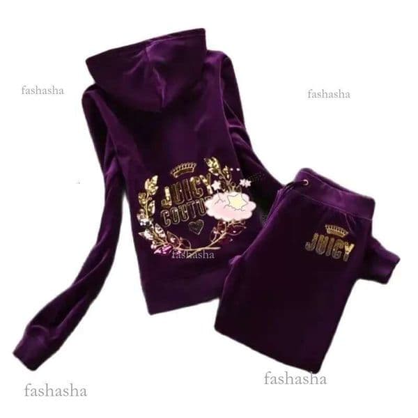 Juicy Casual Vintage Velvet 2 Piece Set Autumn Casual Tracksuit Long Sleeve Hoodie Sweatshirt With Sequins Women Trac