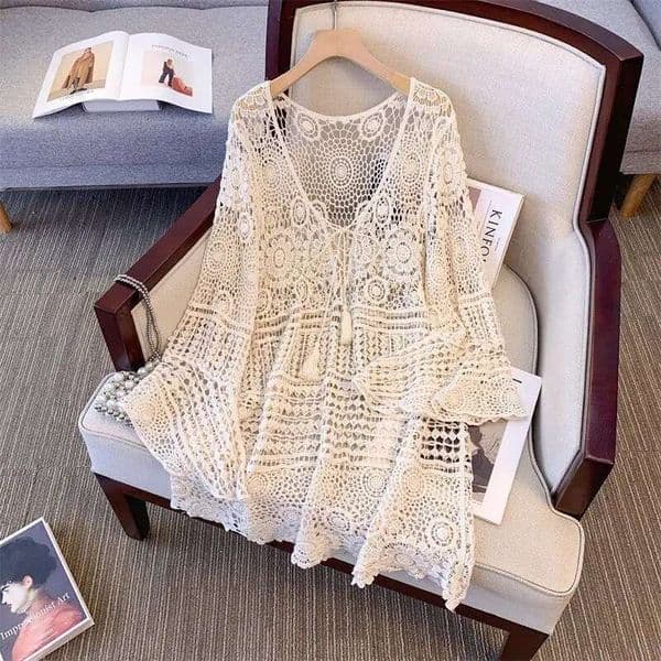 Women s Designer s New Mid Length Hollow Lace Lace Lace Lace Up Cover For Spring And Summer 2025 Fashionable Loose Crochet Knitted Jacket Beach Vacation Swimsuit