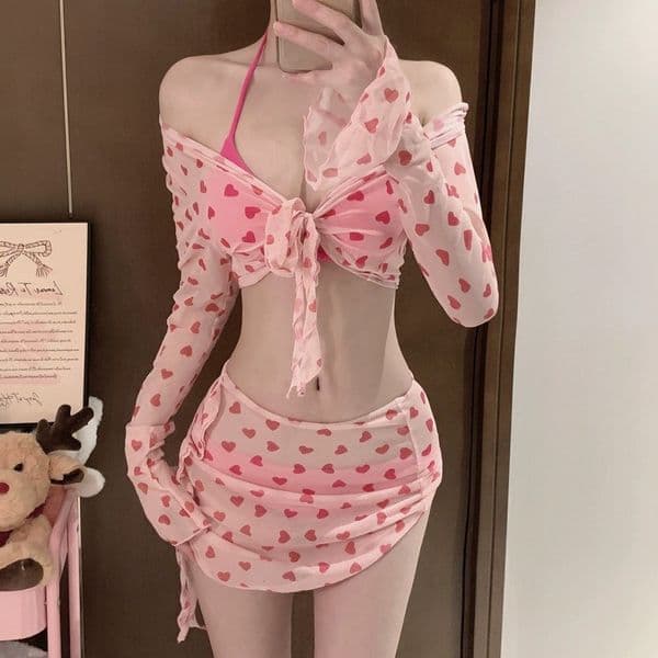 2025S Designer New White Girl Split Bikini Four Piece Set with Strap Skirt Hot Spring Vacation Pure Desire Style