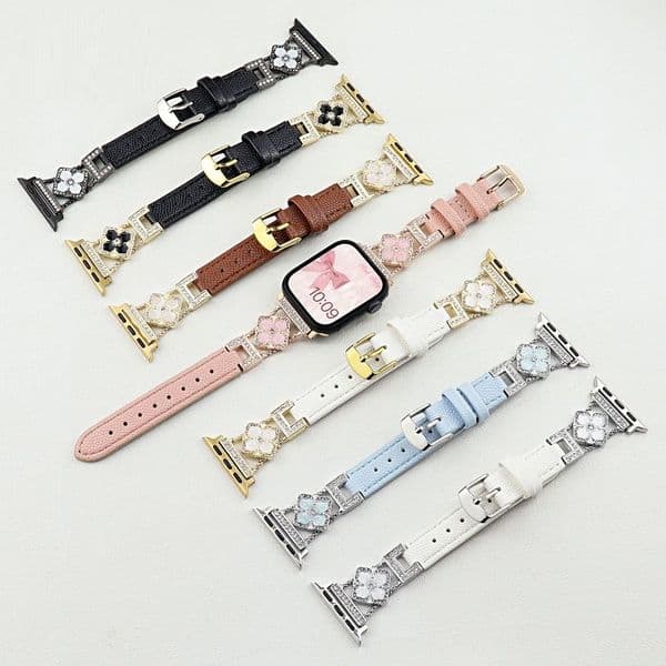 Slim Bands Apple Watch Band 40 42 38mm 41 44 45 46 49mm Bling Clover Leather Strap Wristband for iWatch Series 10 9 8 7 6 5 4 3 2 1 SE Ultra Dia Women Watchband