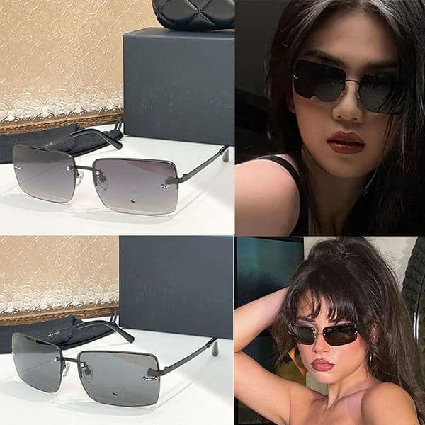 Fashion Square Metal Sunglasses Luxury Women Light Gray Frameless Lens 4104 Crystal Glass Pattern Decoration Party Beach Exquisite Glasses With Box