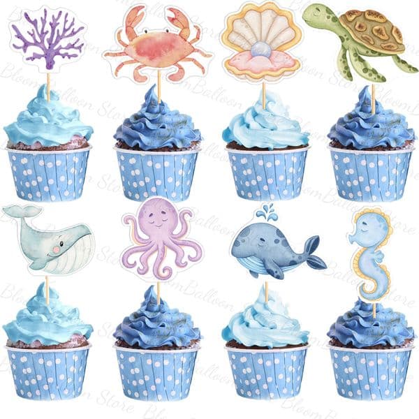 17pcs Ocean Animals Cupcake Toppers Whale Octopus Cake Topper for Birthday Baby Shower Under the Sea Theme Party Decoration