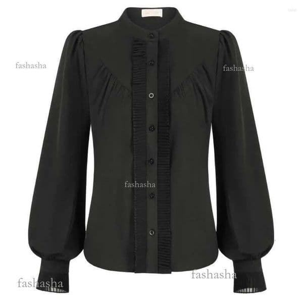 Womens Blouses BP Women Ruffle Decorated Shirt Long Lantern Sleeve Stand Collar Button-Up Tops Solid Victorian Vintage Blouse OL Wo
