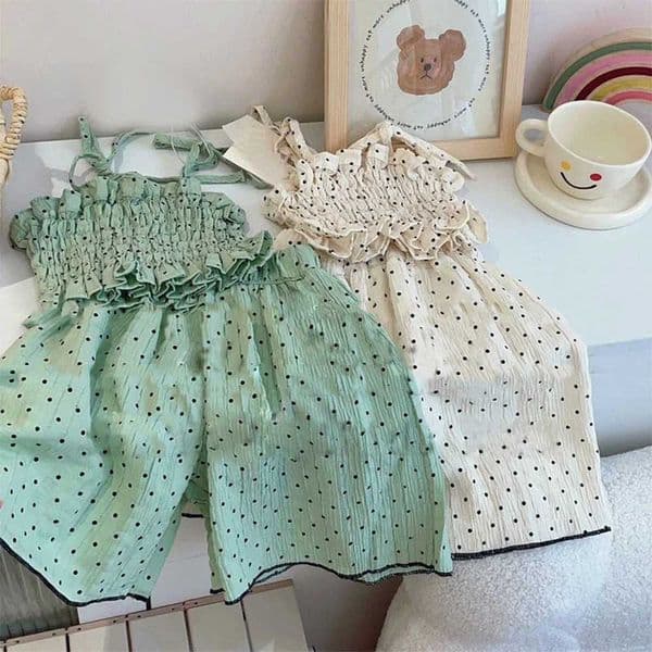 Childrens Clothing Girls Fashion Set Summer New Wave Dot Pleated Suspender Tank Top+Wide Leg Pants Two Piece SetXJ250305