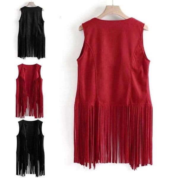 Women Faux Suede Ethnic Sleeveless For Jacket Long Fringe Tassels Hippie Open Front Cardigan Vintage Cowgirl Waistcoat Vest