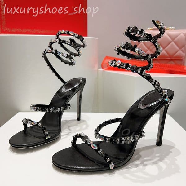 Sandals Rhinestone Snake Strass Stiletto Sandals Crystal-encrusted 95mm Evening Shoes Women's High Heels Ankle Wraparound Sandals women shoes heels with box bag