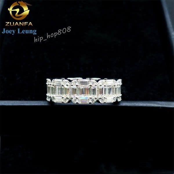 Factory Wholesale Price Custom Fine Jewelry 925 Sterling Silver Iced Out Baguette Moissanite Hip Hop Men Ring Band Ring