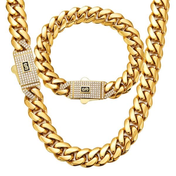 Hip Hop Solid Stainless Steel Cuban Chain Necklace Bracelet Jewelry Spring Clasp Accessories