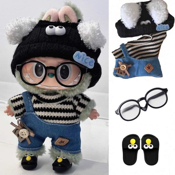 17cm mini doll clothing accessory suitable for Korean K-pop Exo Labubu Idol V1 V2 striped sweater covered with glass hat clothing X250429