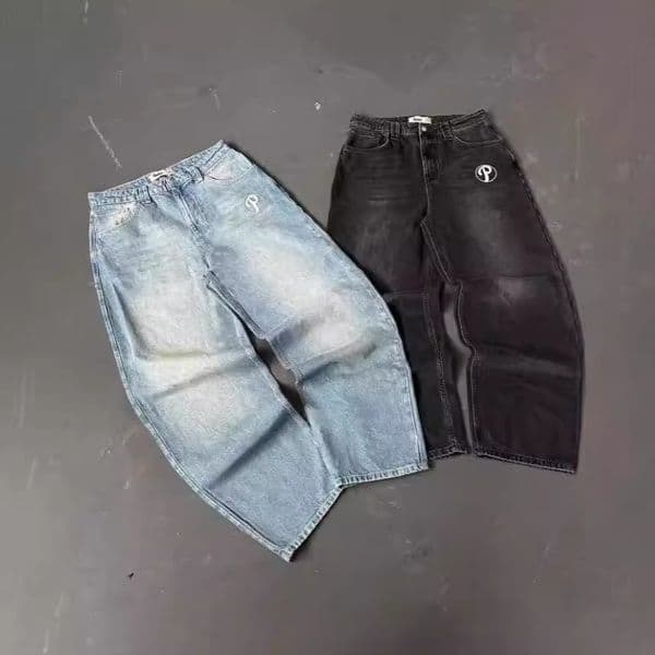 Street y2k embroidery fashion baggy washed distressed jeans mens loose small straight leg pants 240809