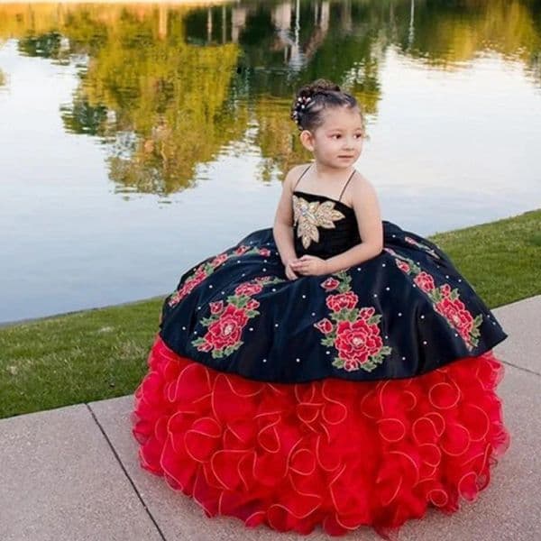 Mexico Embroidery Cute Little Girls Pageant Dresses Black And Red Ruffles Prom Ball Gown Kids Formal Wear Toddler Floral Long Birthday Party Quinceanera Dress