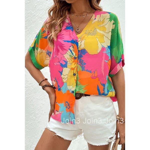 New Summer Single Row Multi Button Shirt for Women Fashionable Color Blocking Printed Short Sleeved Top for Women