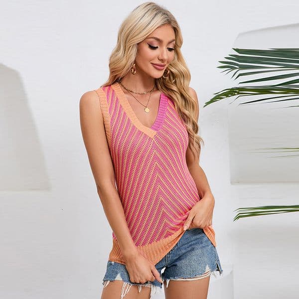 Fashionable and Personalized Color Blocking Patchwork Sleeveless Top for Women in the Summer of 2025 New Outerwear Woolen Vest for Women