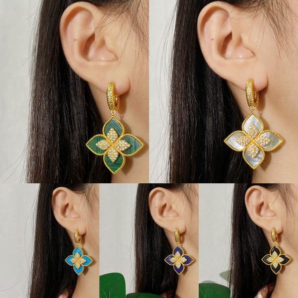 New Arrival High-Quality Designer Rhombus Four-Leaf Clover Diamond-Encrusted 18K Gold Plated Flower Earrings for Women - Luxury Jewelry