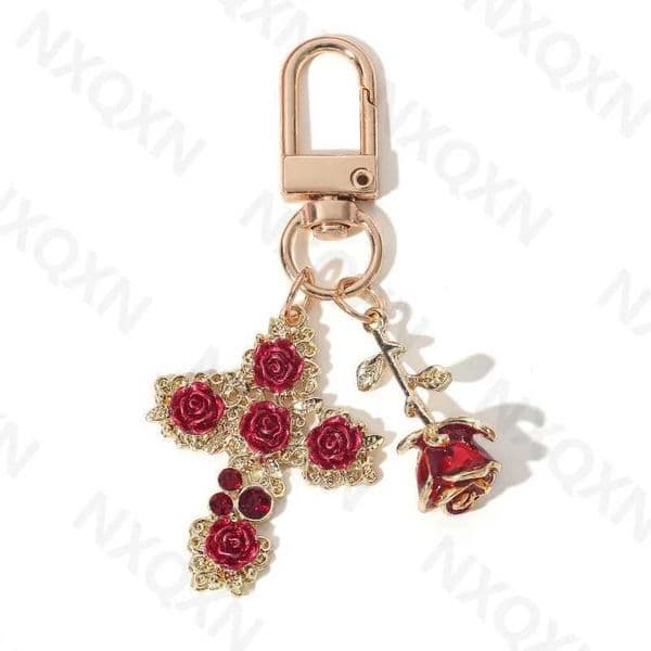 Beautiful Rose Cross Red Enamel Keychain Cute Flower Plant Keychain Womens Valentines Day Handmade Valentines Day Jewelry X250318