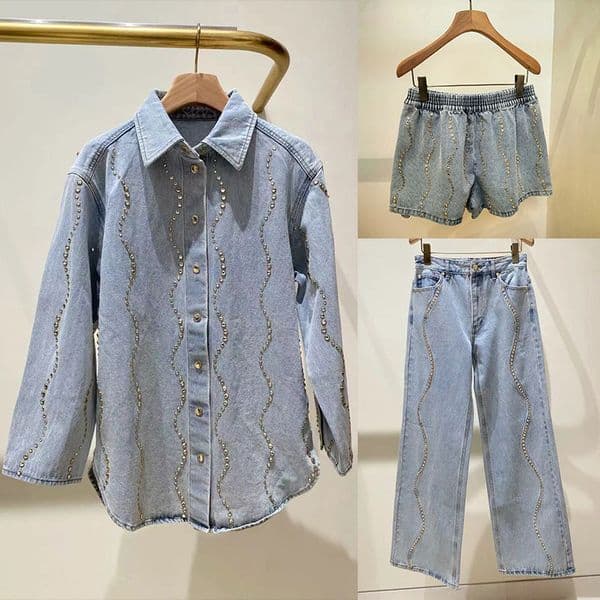 Women Light Blue Denim Shirts or Pants or Shorts Set Diamond Ripple 2025 Summer Blouse Elastic Waist Shorts or Zipper Jeans