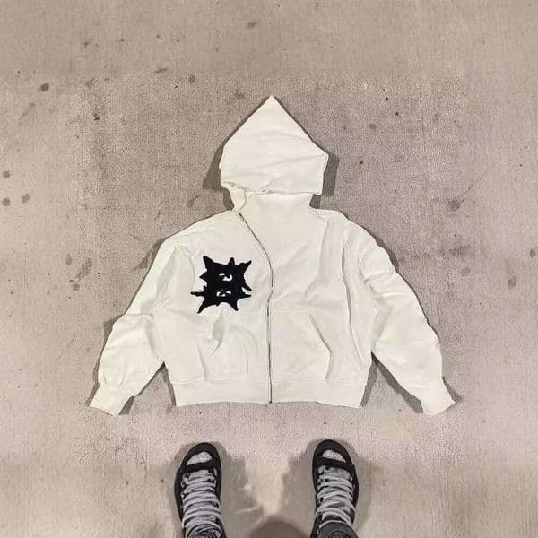American street design, embroidered fabric hoodie, personalized irregular zipper, loose fitting unisex hoodie