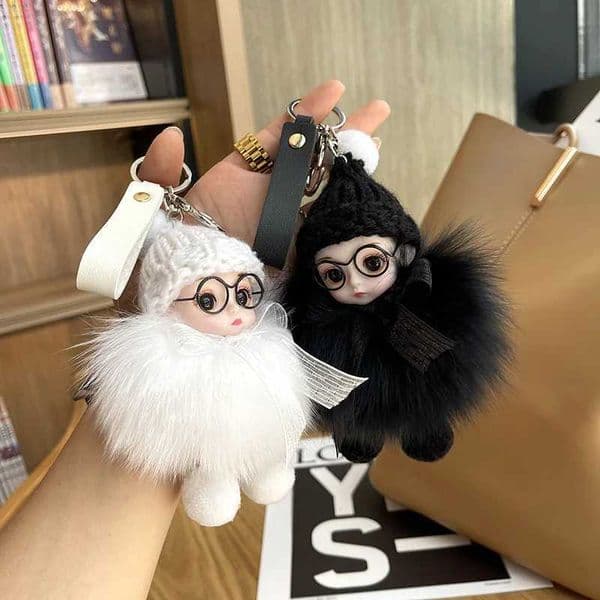 Real fox fur fluffy sleeping bag charm keychain cute fluffy plush doll keychain womens bag keyring car keyring gift X250318