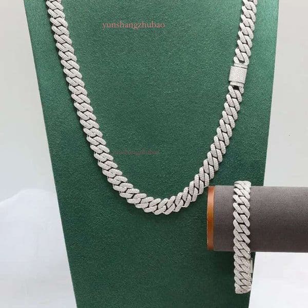 Paston Wholesale Mossante Hip Hop Jewelry Sier 14mm Width Iced Out Moissanite Cuban Bracelet Necklace Hot Sale Style