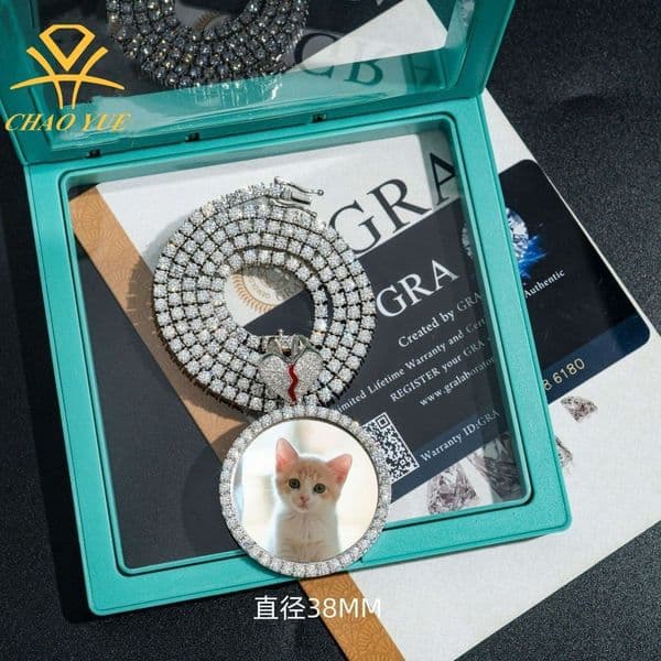DIY Photo Memory Frame Love Drip Oil Round 925 Silver Moissanite Male and Female Commemorative Pendant