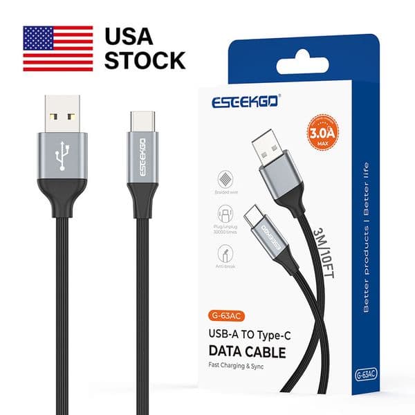 USA STOCK ESEEKGO G-63AC USB-A to Type-C Data Cable 10FT With Retail Package ship in 2 days