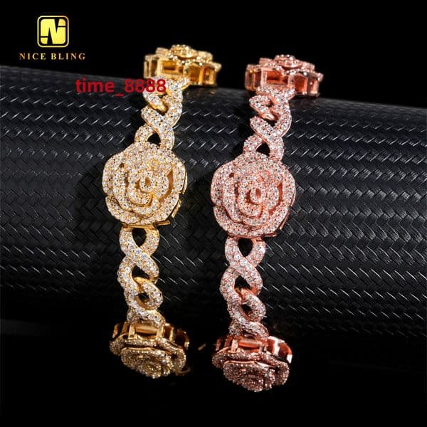 New Design Fine Hip Hop Style Jewelry Custom Iced Out 16.5mm Rose 925 Silver Cuban Link Chain VVS Moissanite Diamond Bracelet